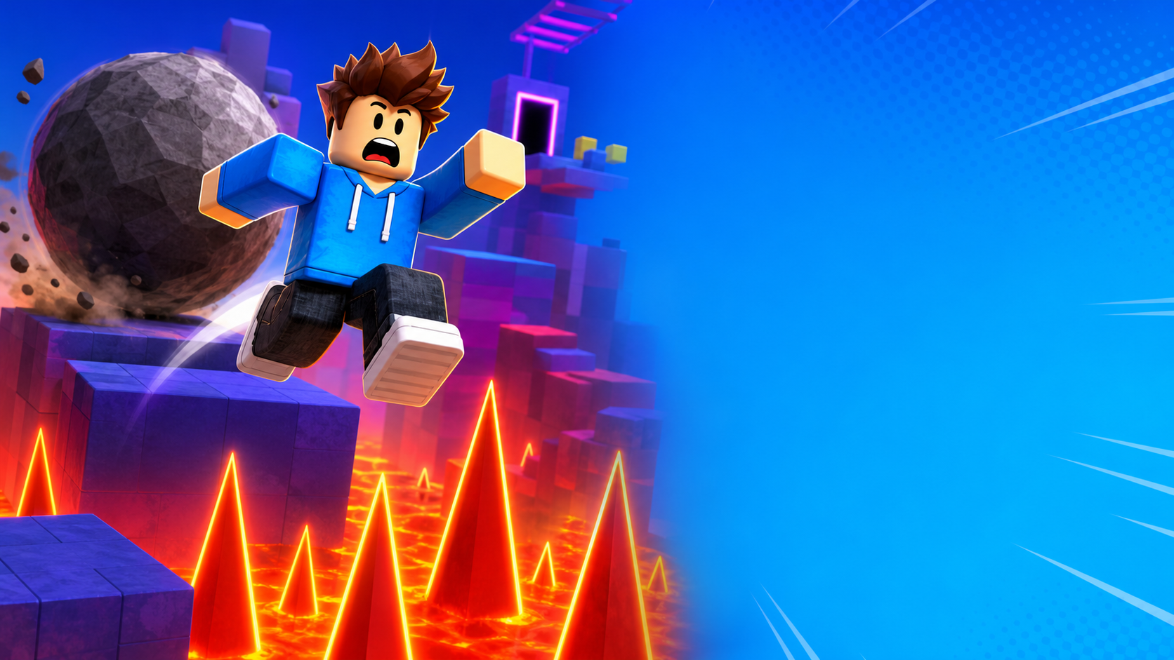 Example thumbnail with a blocky obby player escaping a rolling boulder