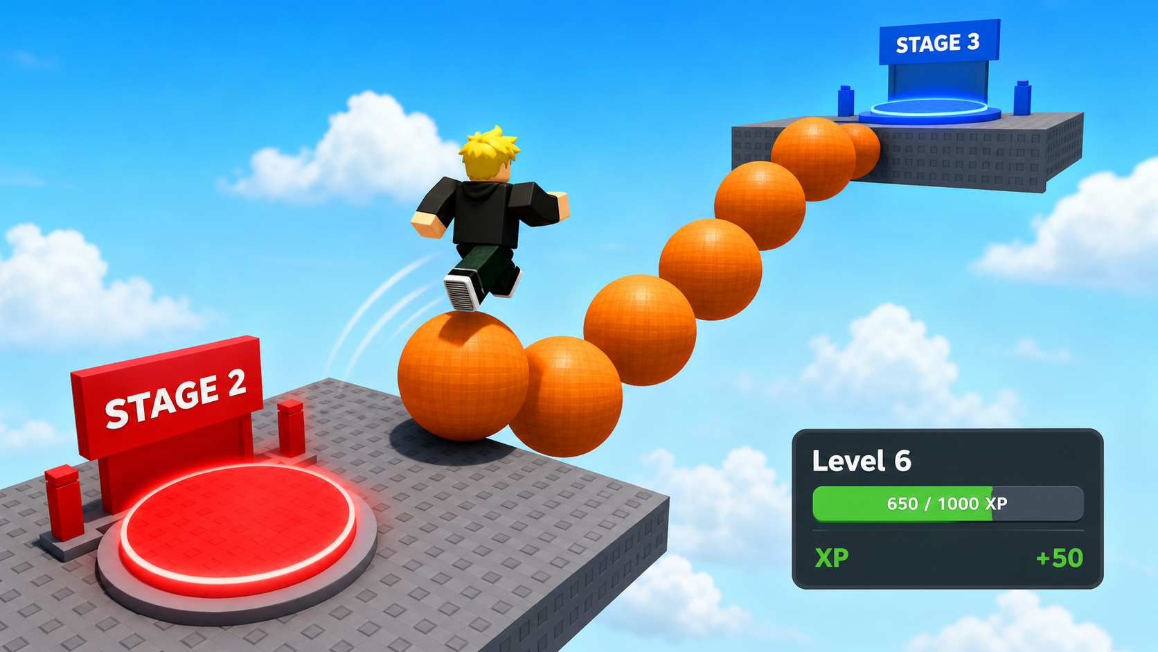 A sphere staircase in a Roblox combat obby with XP and Level numbers visible