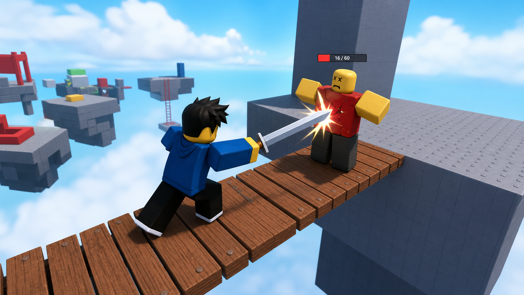 A narrow plank walkway with a training dummy being hit by a sword in Roblox Studio