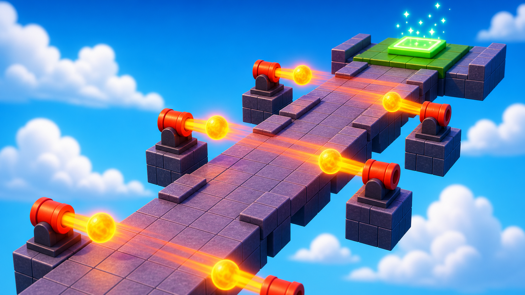 A narrow path with cannons firing across