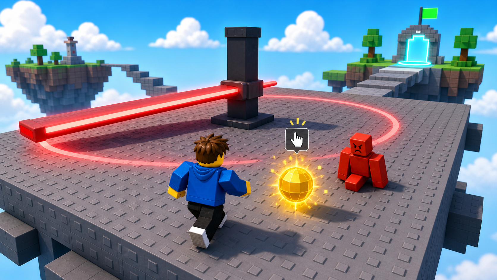 A spinning sweeper platform with a glowing loot orb and collect prompt