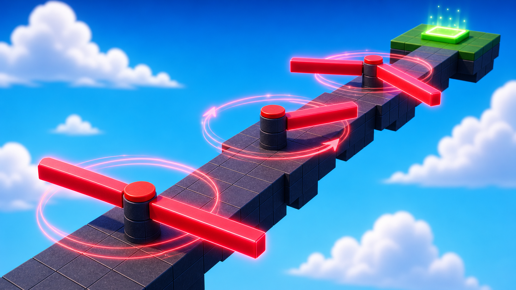 A narrow path with spinning hazards