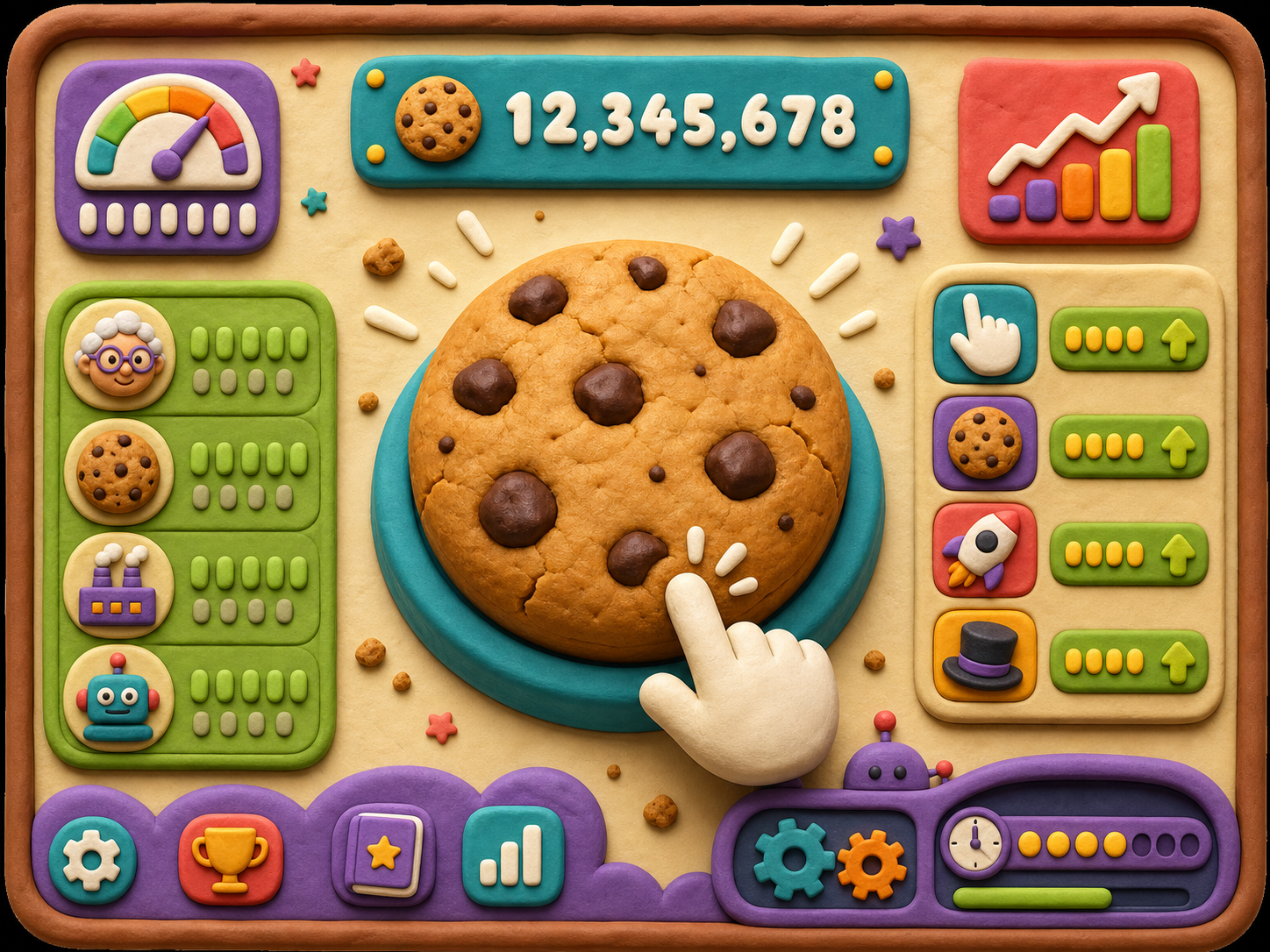 A cookie clicker mini-game with score, upgrade, and auto-click controls