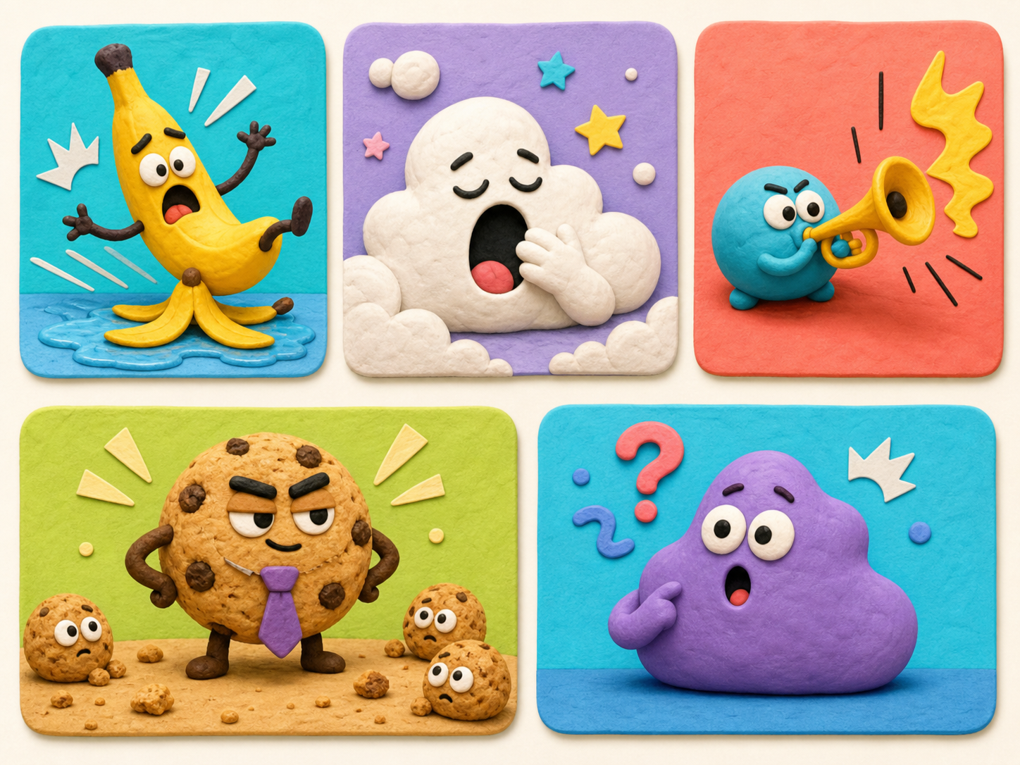 A collage of original kid-safe meme cards including a dramatic banana, sleepy cloud, and crumb boss cookie