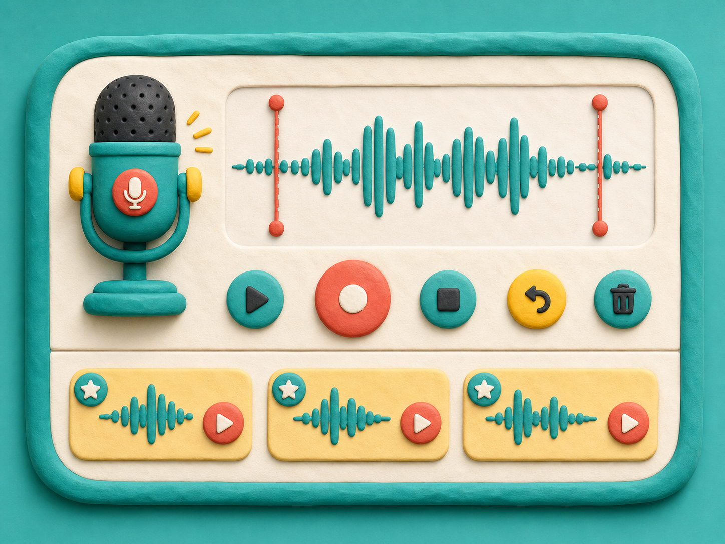 A bright recorder panel with trim handles and saved sounds named bonk, whee, and tiny laugh