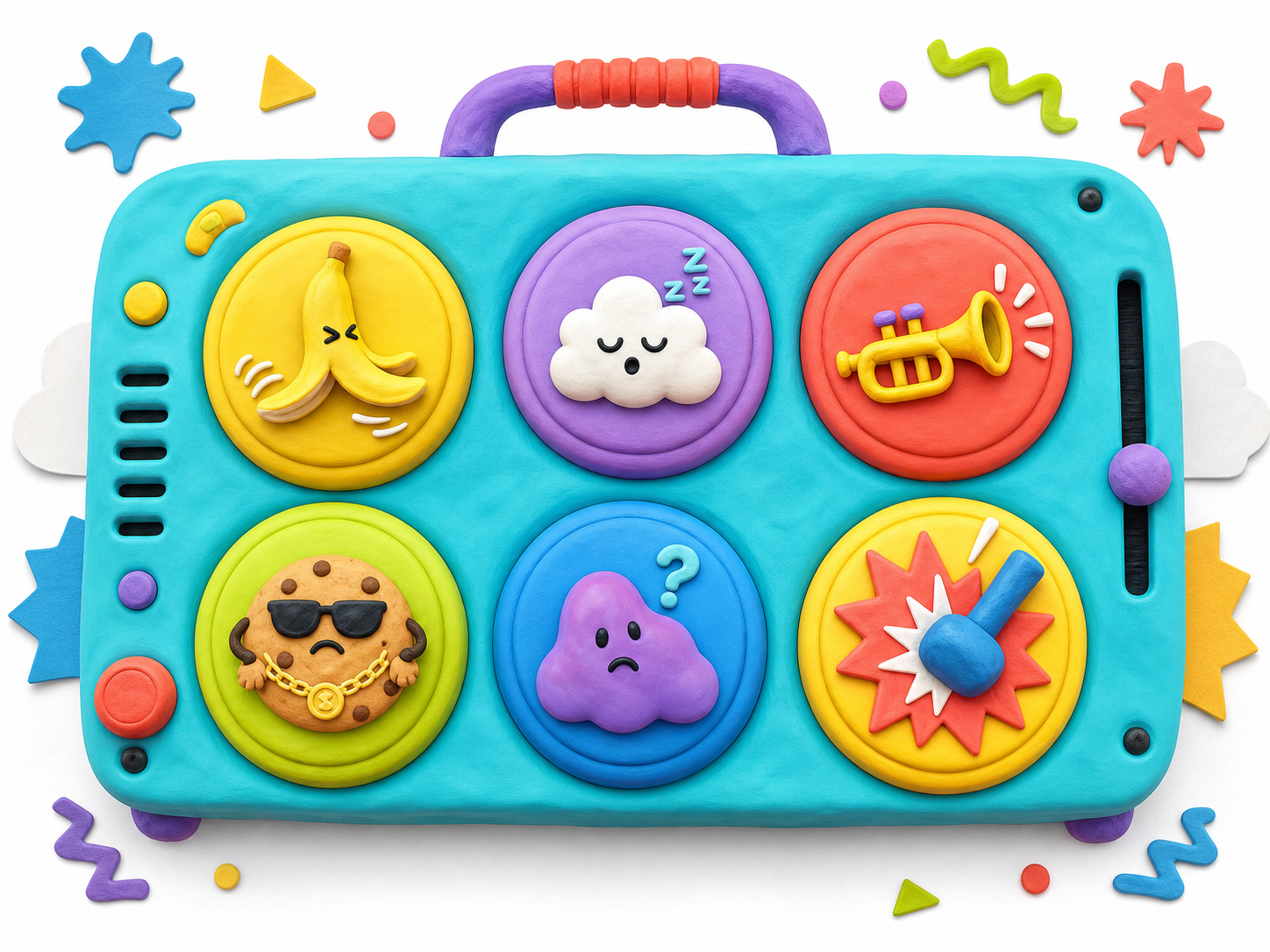A colorful original meme soundboard with hand-drawn buttons labeled BONK, WHEE, and NOPE