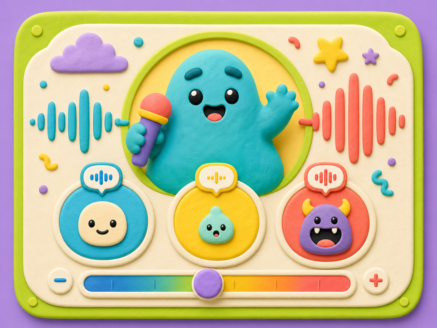 A voice changer app panel with Normal, Chipmunk, and Monster buttons