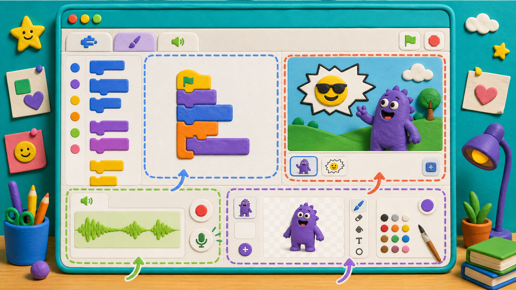 A Scratch-style editor showing the Sounds tab recorder and Costumes tab paint tools used to make original memes