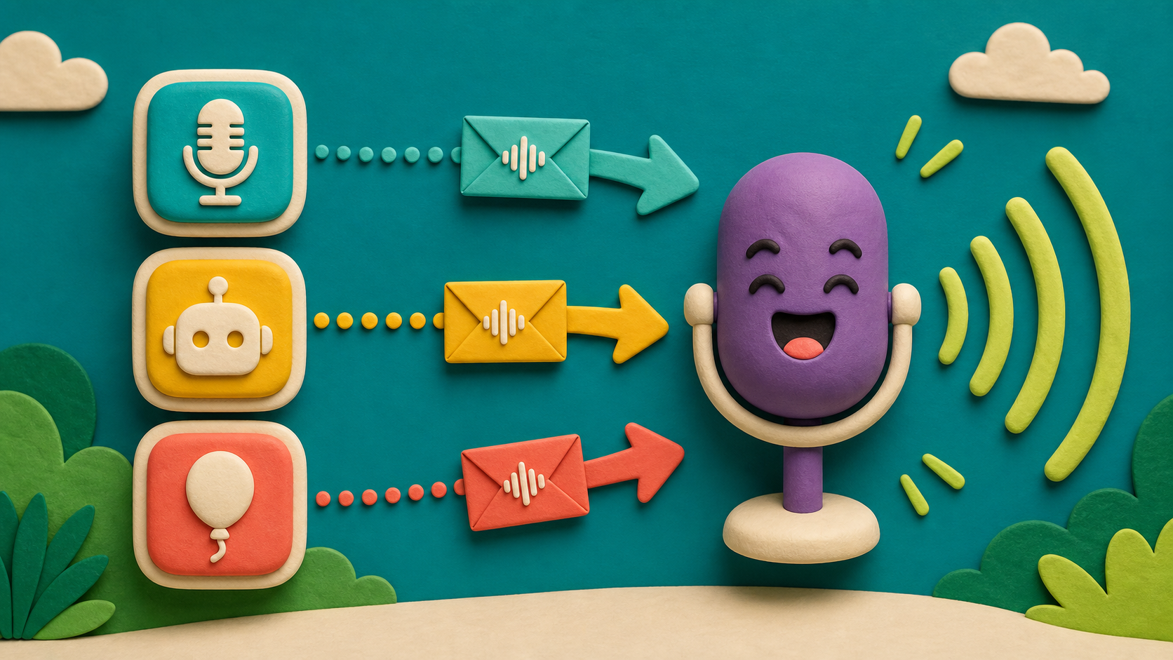 A broadcast map where button sprites send message arrows to one central voice sprite