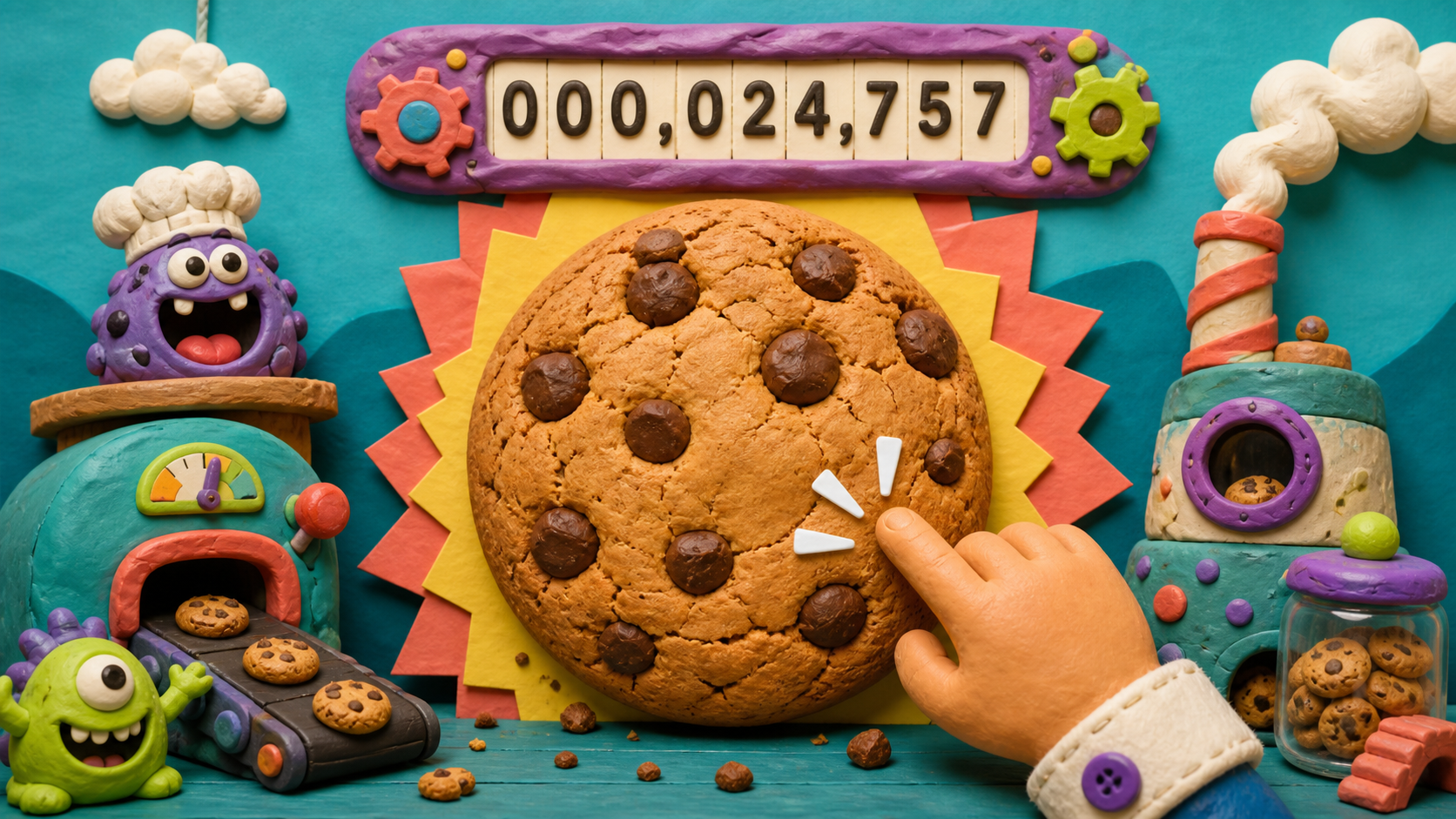 A silly cookie clicker screen with a large cookie button and visible score counter