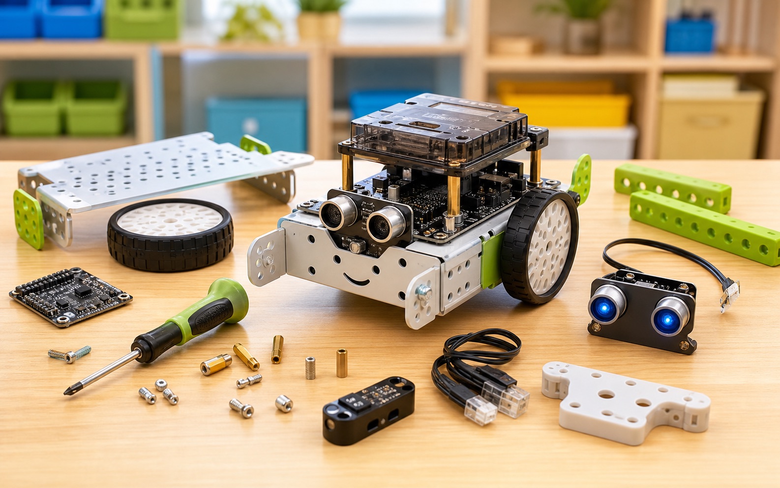 Partly assembled mBot-style robot with wheels, sensors, cables, and tools on a classroom table