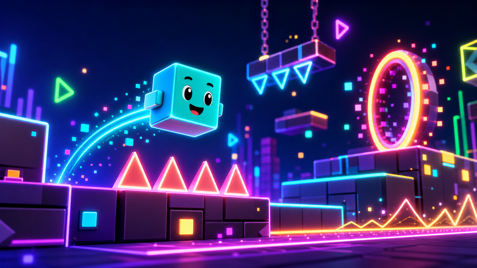 Original neon cube runner inspired by rhythm platformer games