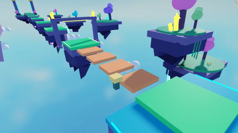 The same four landings with orange sunset tiles and a small marker beside the first jump, built in Roblox Studio.