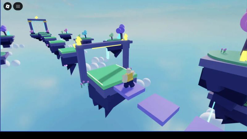 Actual Roblox gameplay: an avatar lands on a purple platform beside the far green checkpoint.
