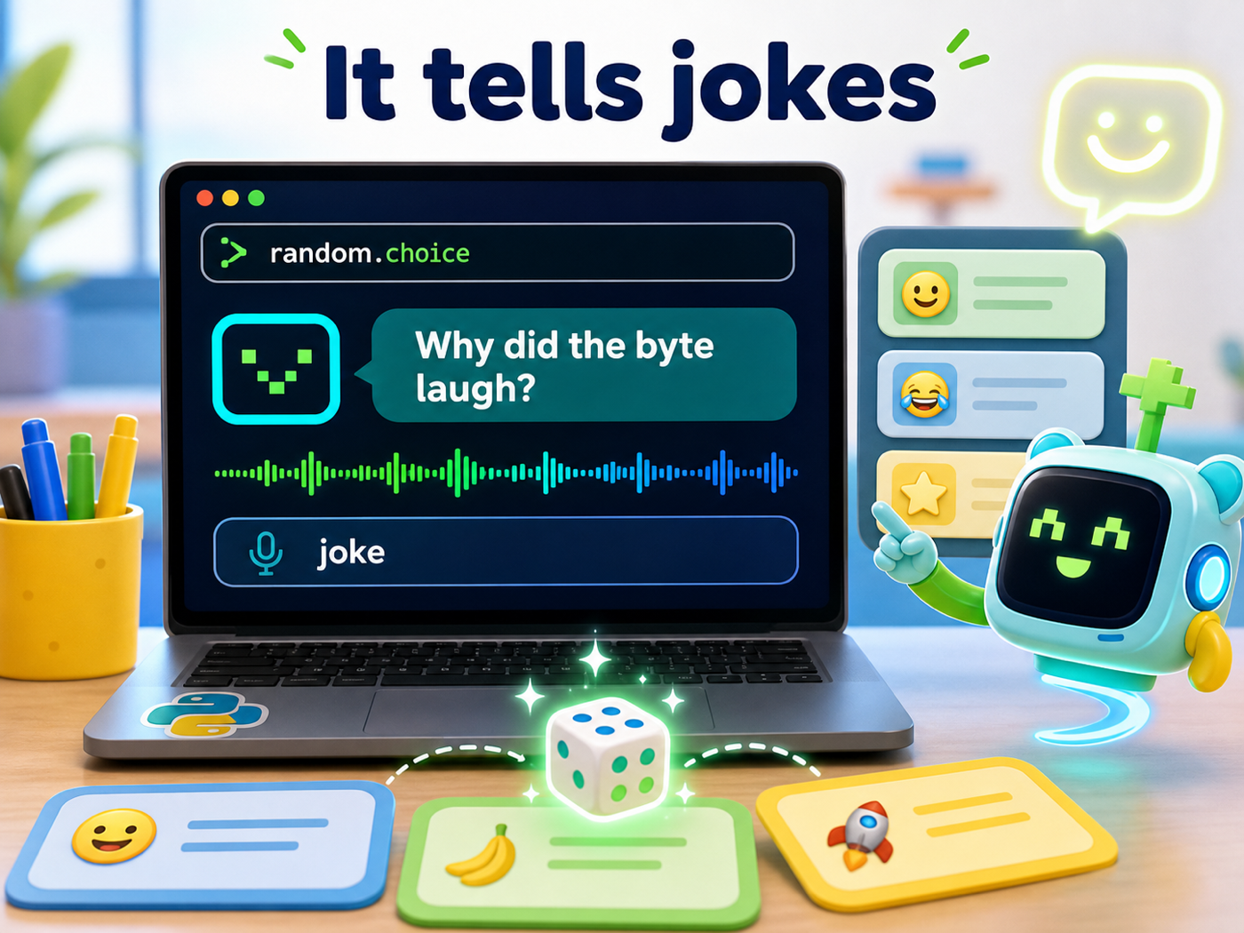 An assistant delivering a random joke from a list out loud