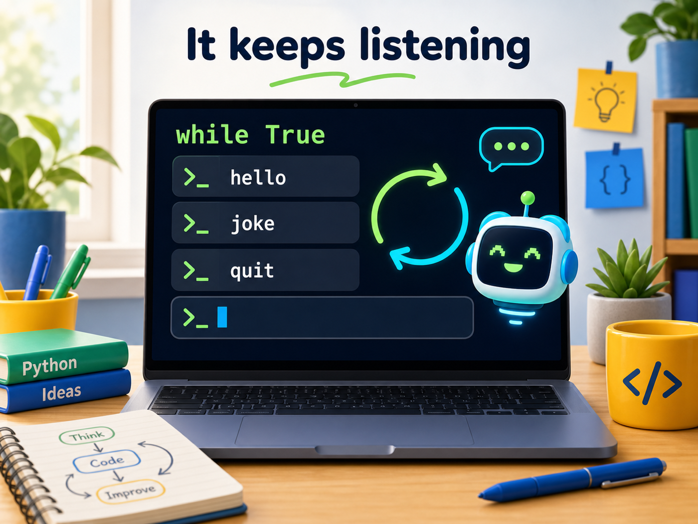 A terminal prompt with several typed commands and spoken replies in a loop