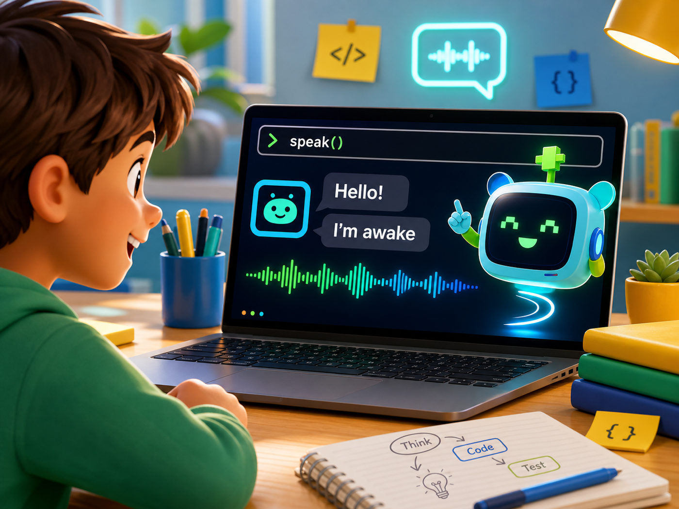 A speech bubble coming from a laptop with a sound-wave icon and the word "Hello!"