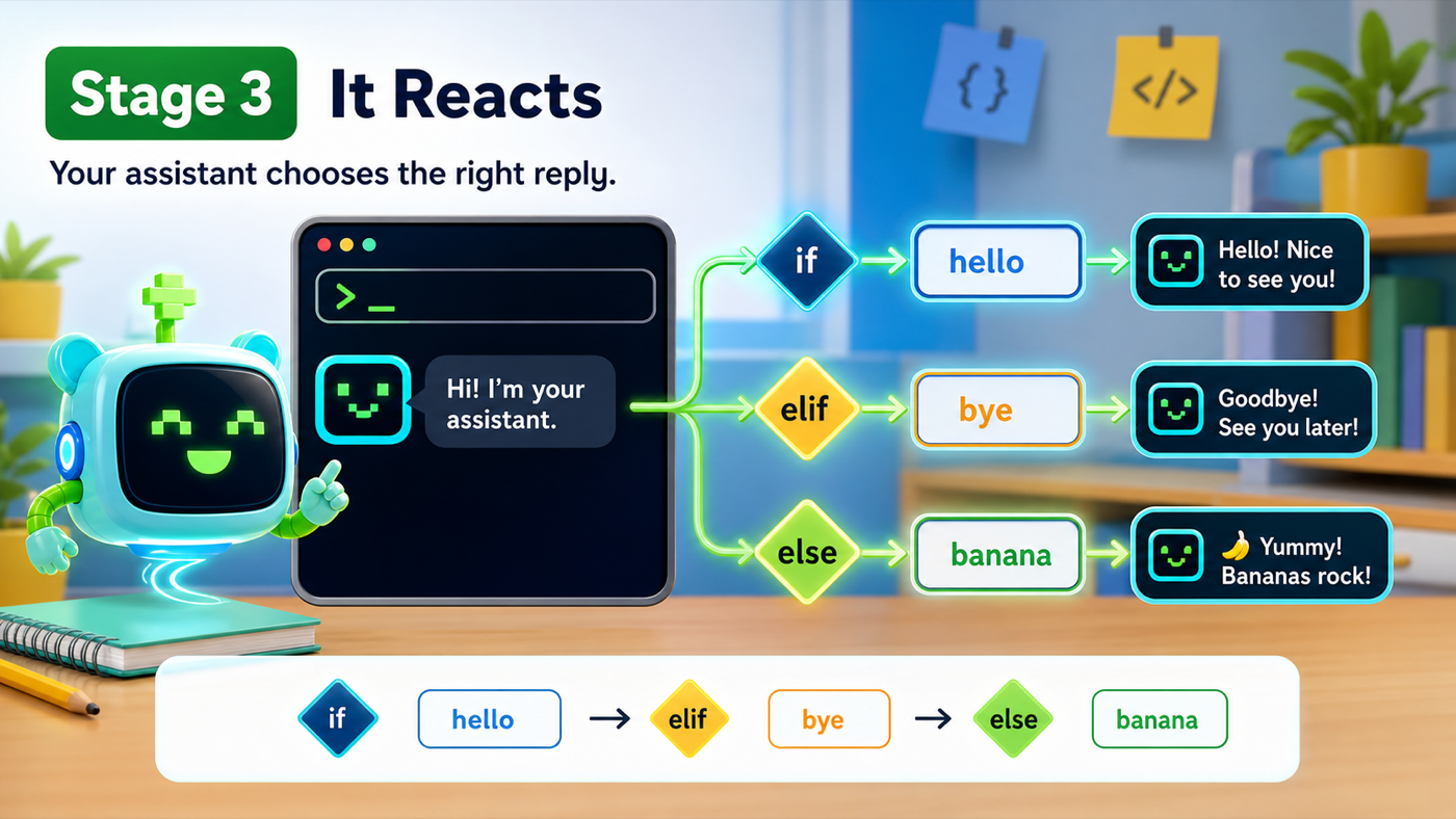 A Python assistant branching between hello, bye, and unknown commands with if elif else