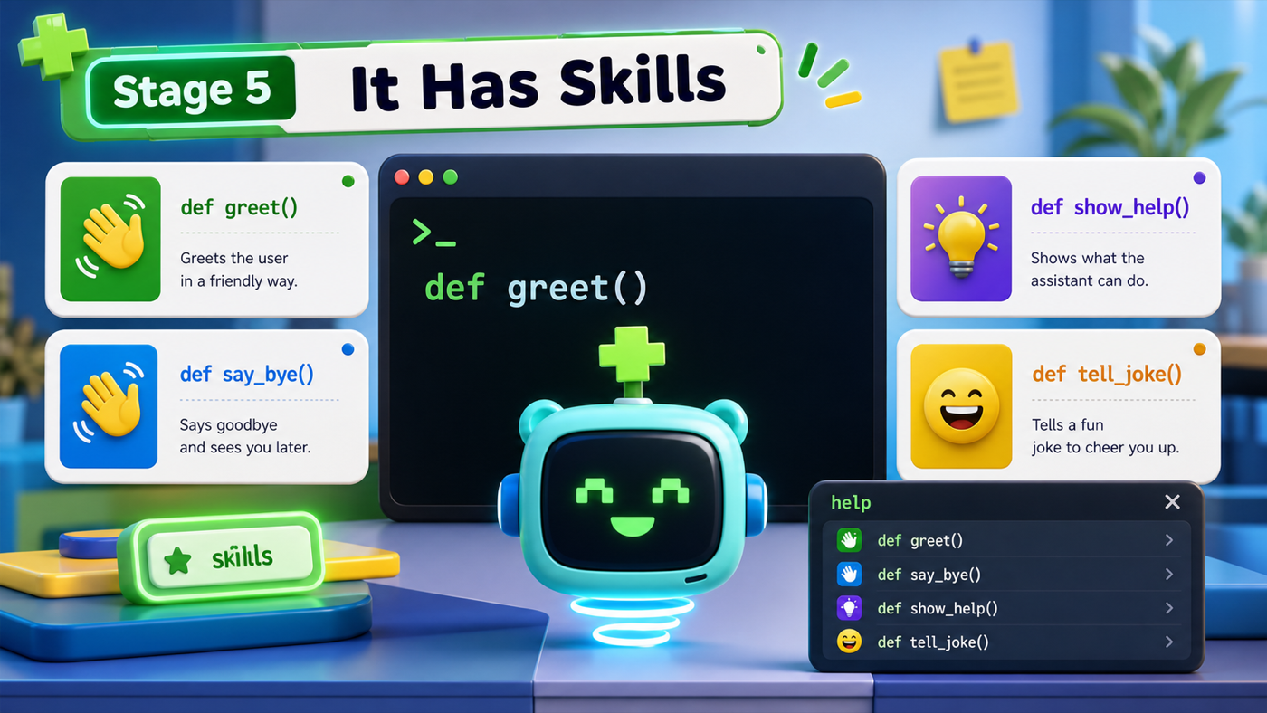 A Python assistant with tidy skill function cards and a help menu