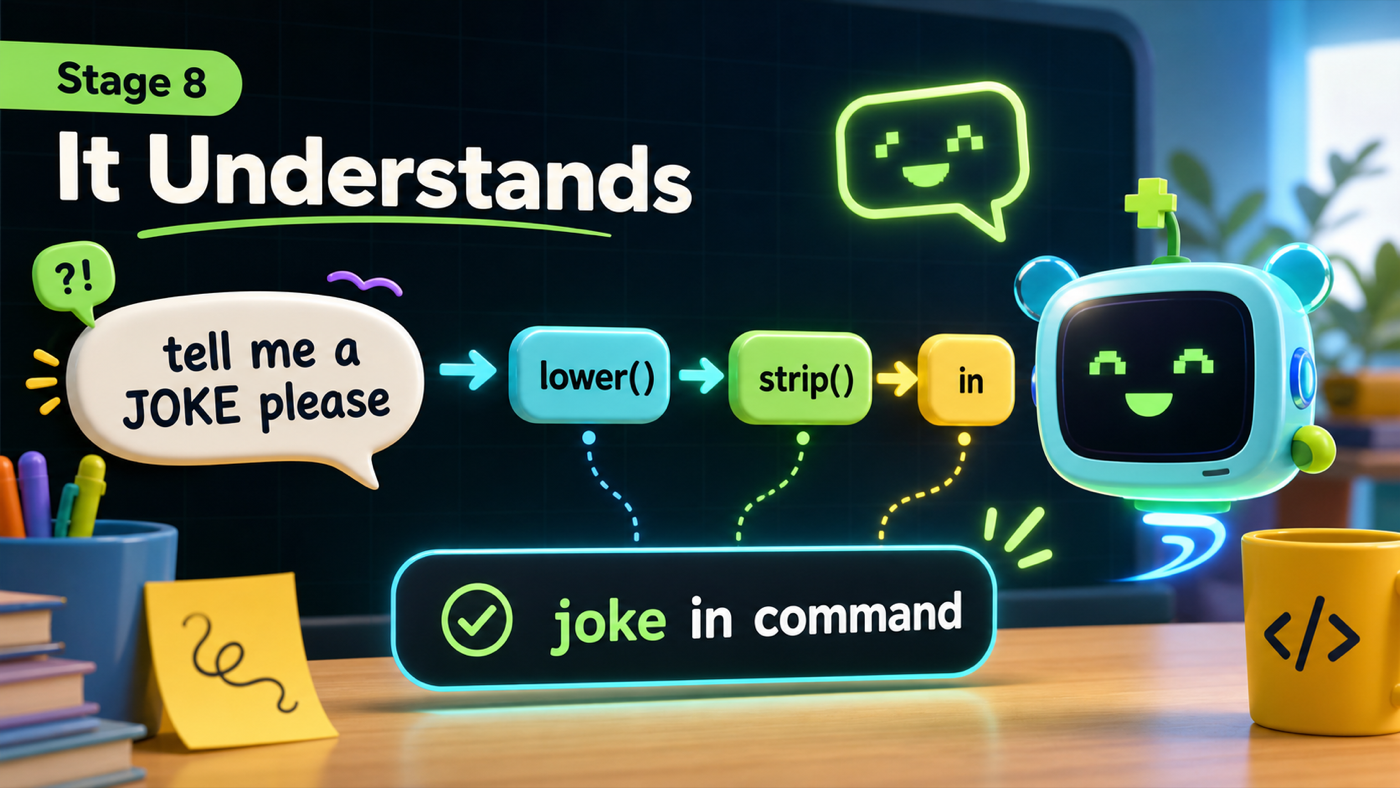 A Python assistant cleaning a messy sentence into a keyword command with lower strip and in