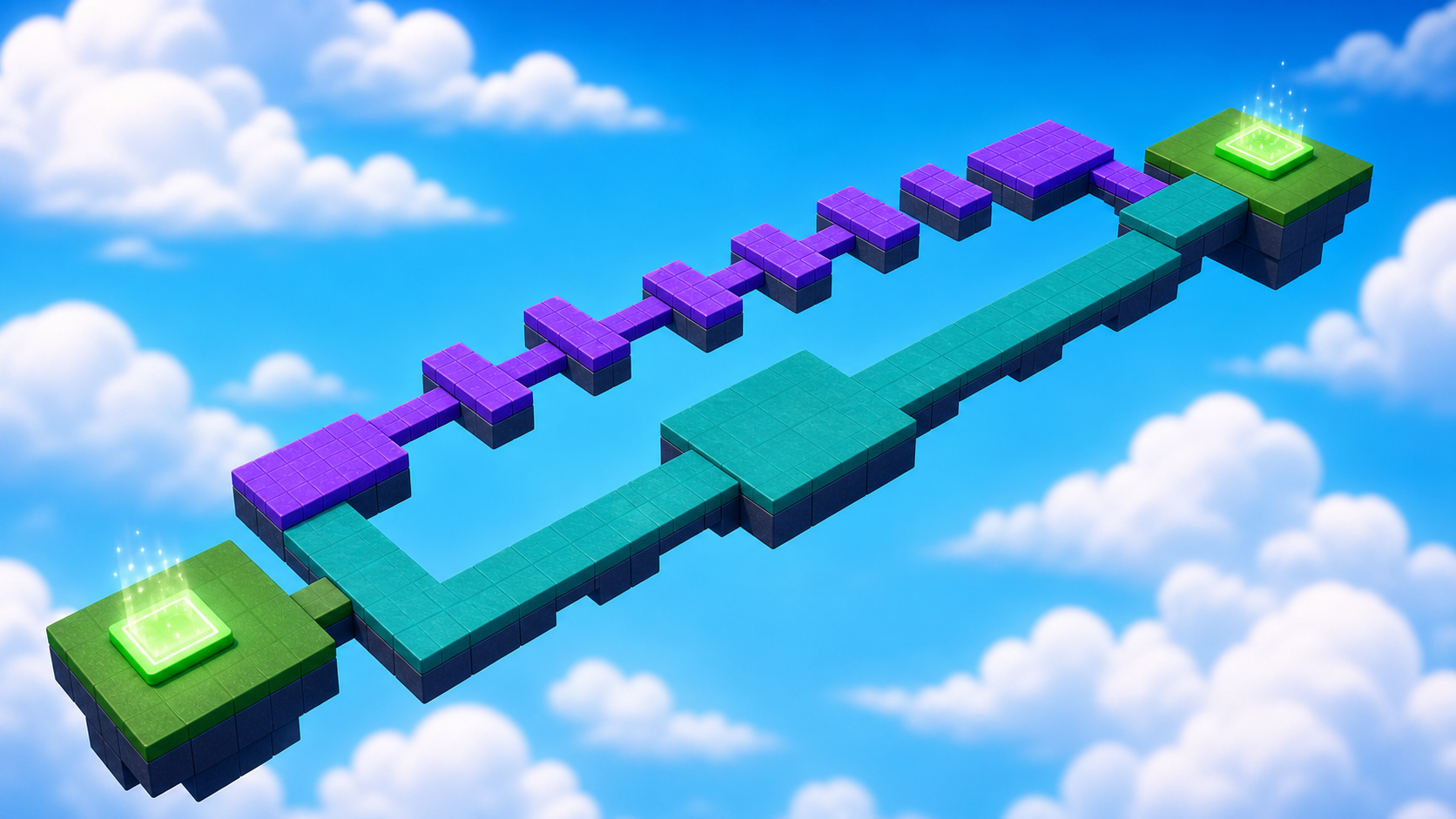 A Roblox obby splitting into two colorful paths over the clouds
