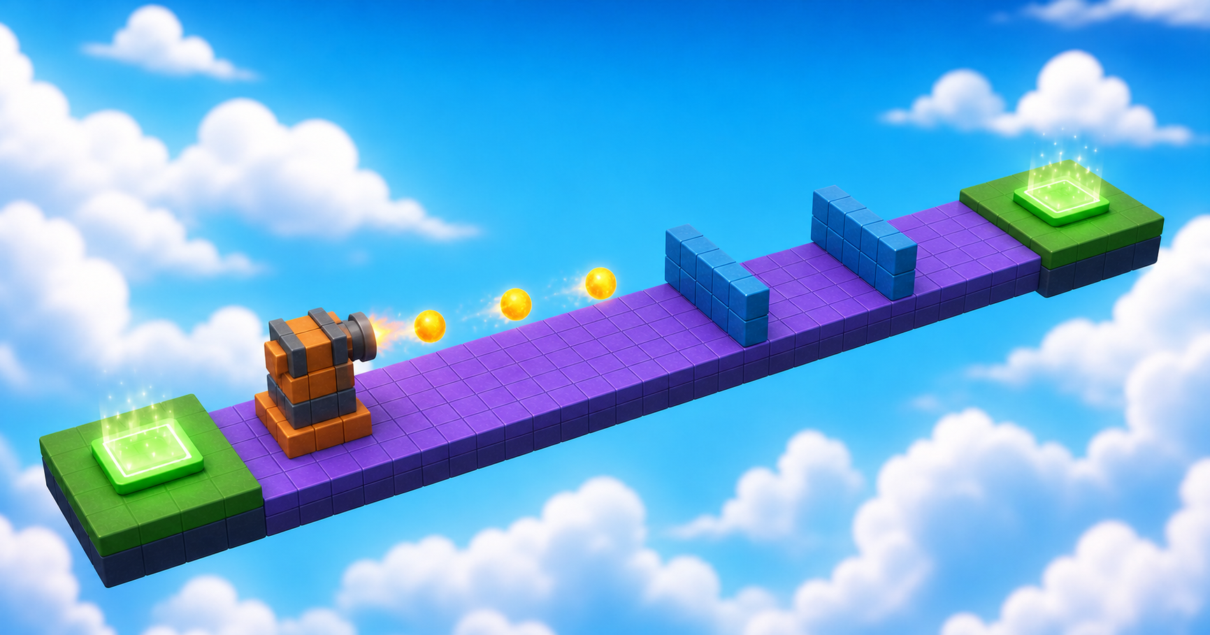 A Roblox factory obstacle launching glowing fireballs across the path
