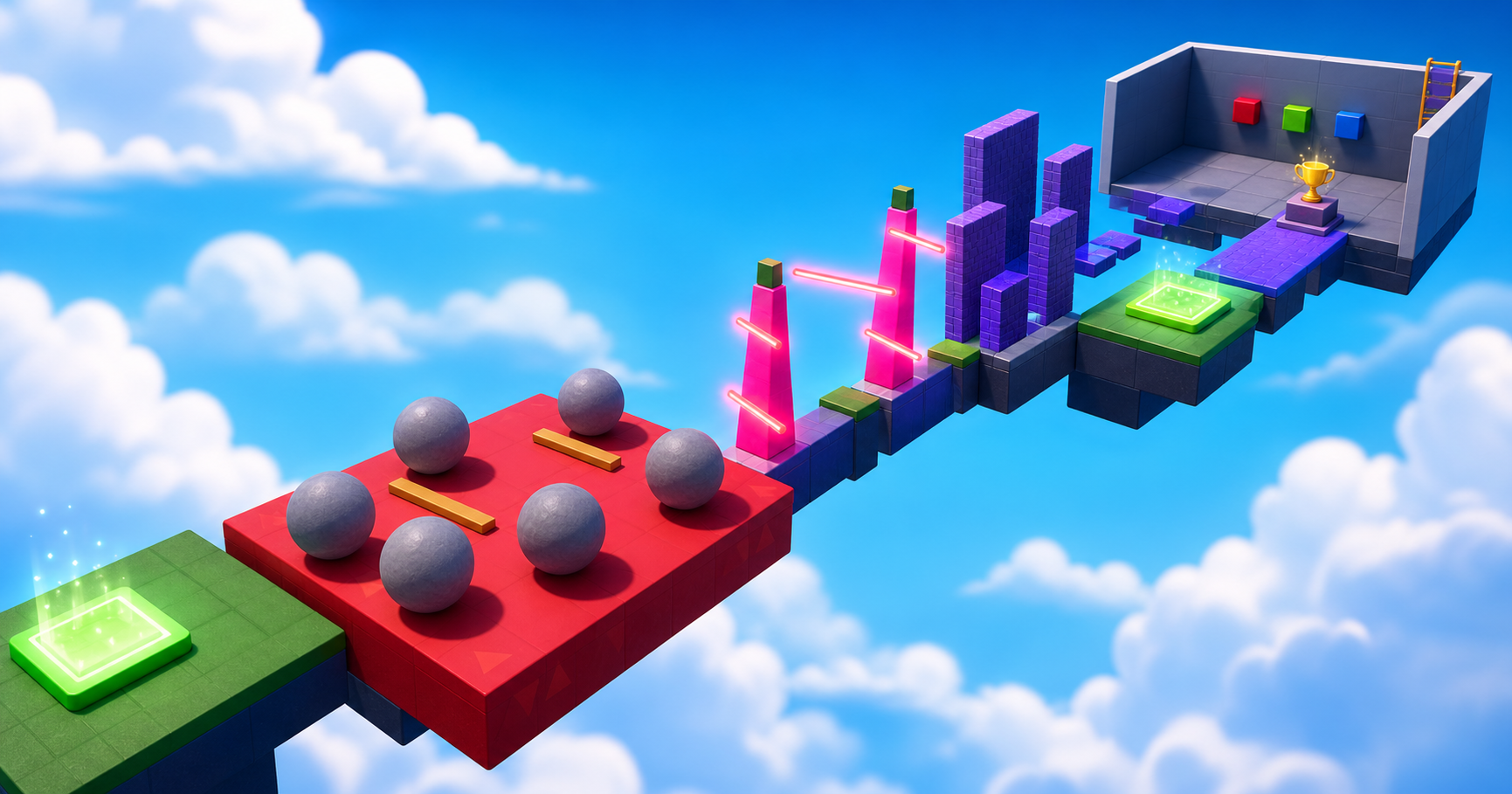 Polished Roblox-style obby course with rolling rocks, neon timing hazards, checkpoints, and a final puzzle room