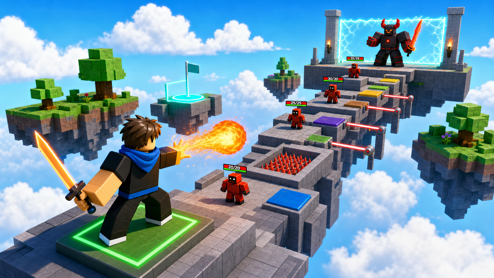 Polished Roblox-style combat obby with a player holding a glowing sword, casting a fireball, health bars over enemy heads, and a boss waiting in the final room