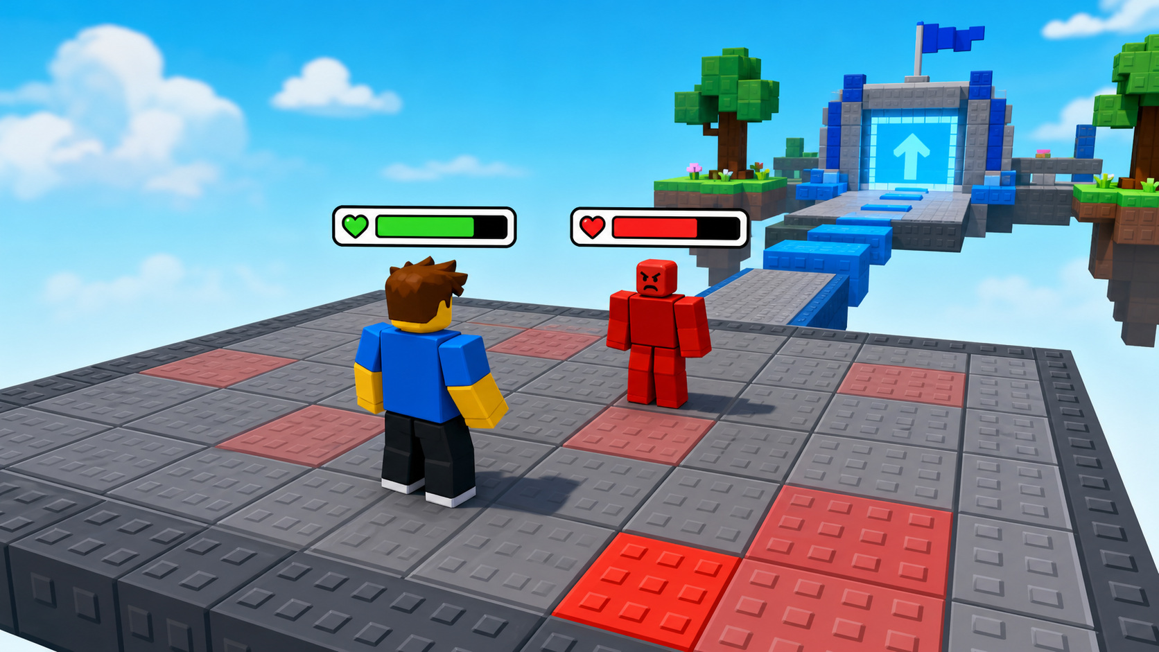 Polished Roblox-style enemy with a red health bar over its head chasing the player across the obby