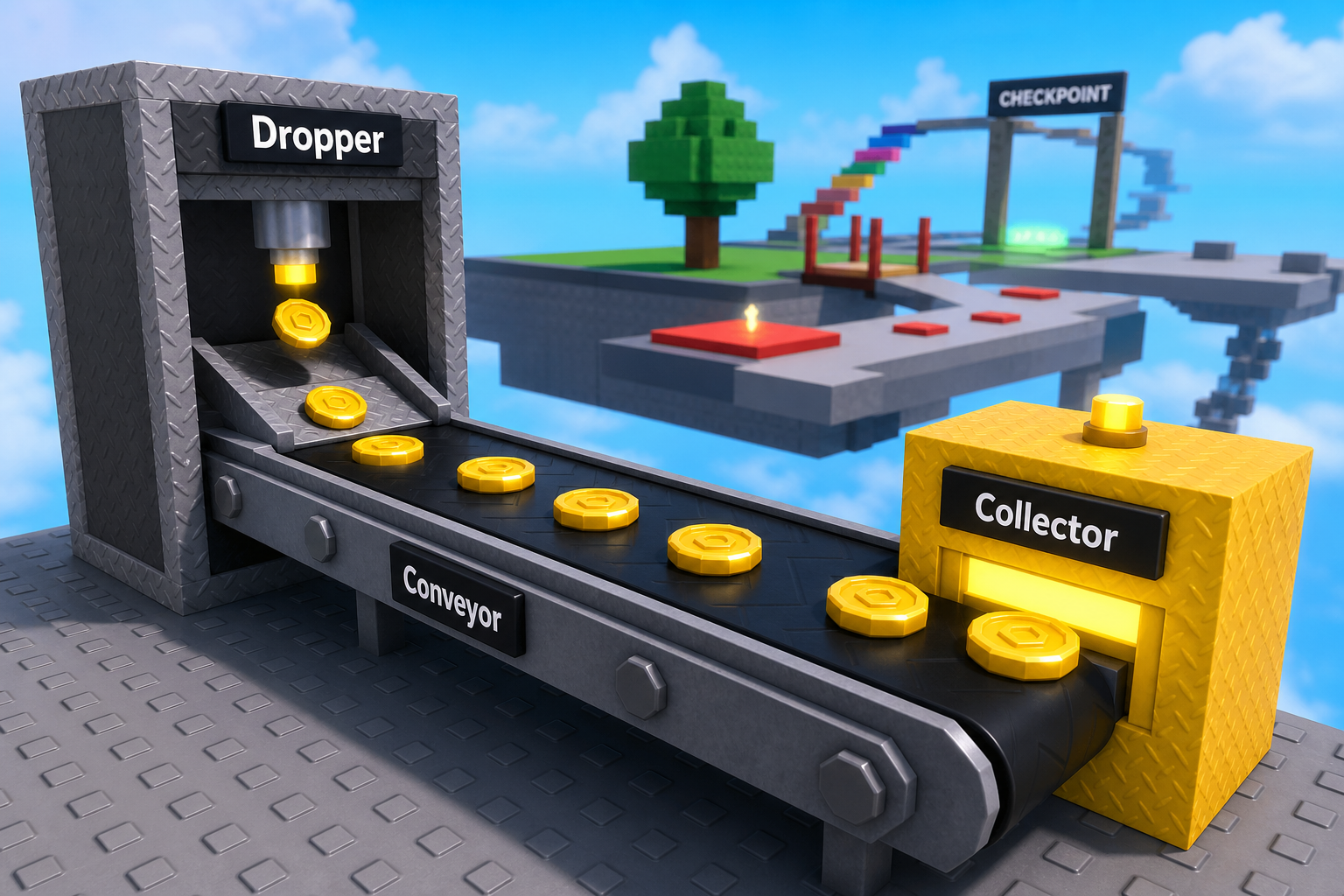 Polished Roblox-style start area with a labeled Dropper feeding gold coins onto a Conveyor that carries them to a Collector