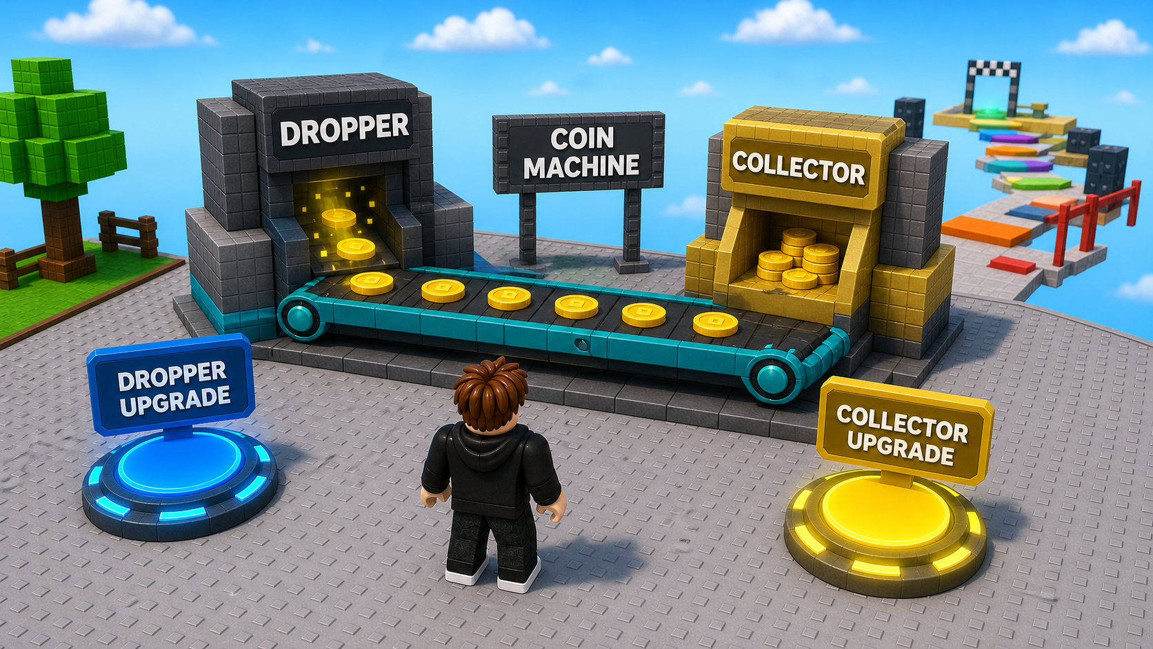 Polished Roblox-style start-area coin machine with Dropper and Collector upgrade pads