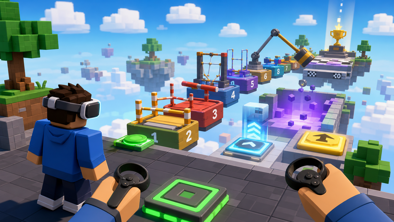 Polished Roblox-style parkour obby with launch pads, a low-gravity zone, a swinging arm, and a finish platform
