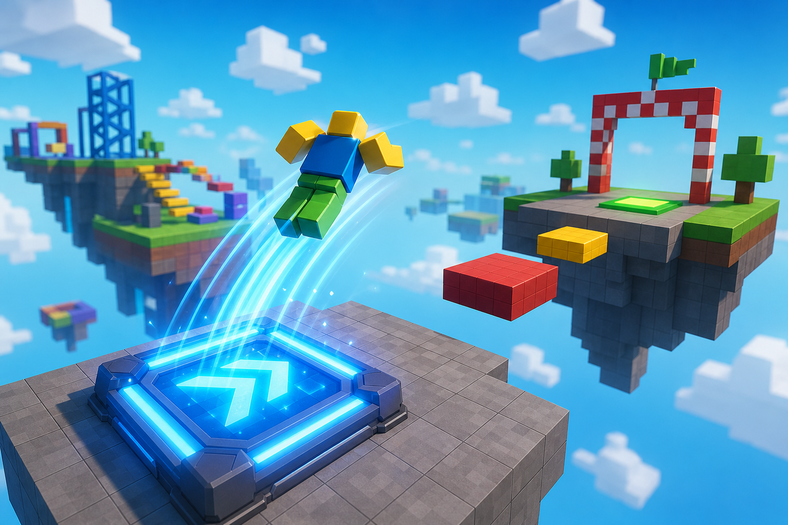 Polished Roblox-style obby with a glowing launch pad flinging a player across a gap