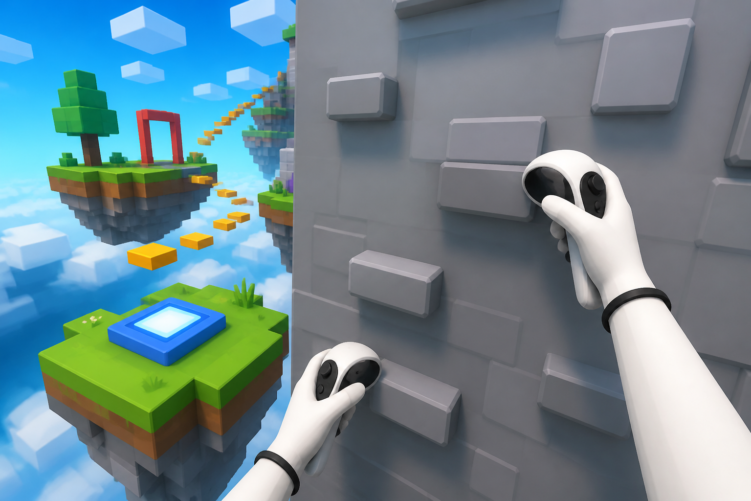 Polished Roblox-style first-person VR view of two hands gripping a climbing wall