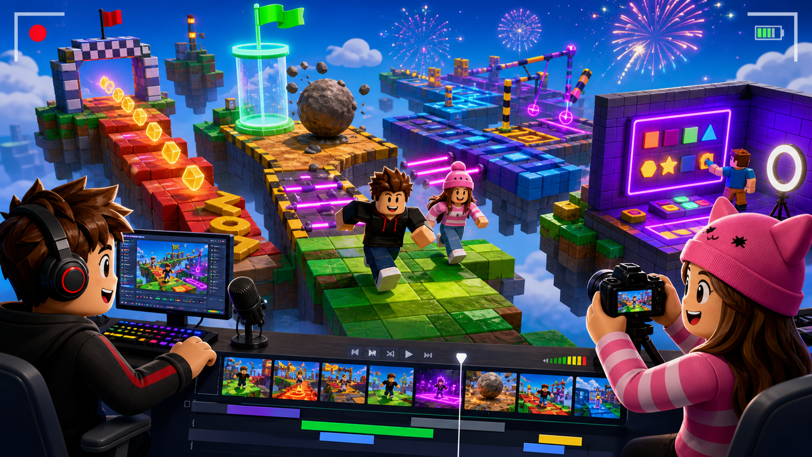 Colorful blocky obby gameplay being recorded and edited into a creator video