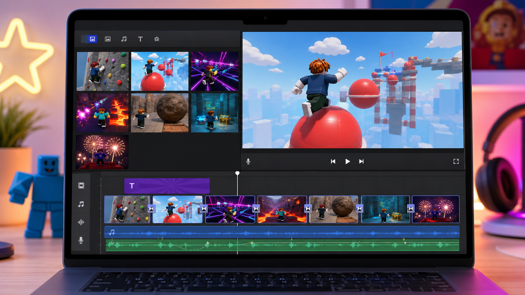 Mac-style video editor timeline with blocky obby gameplay clips arranged into a final video
