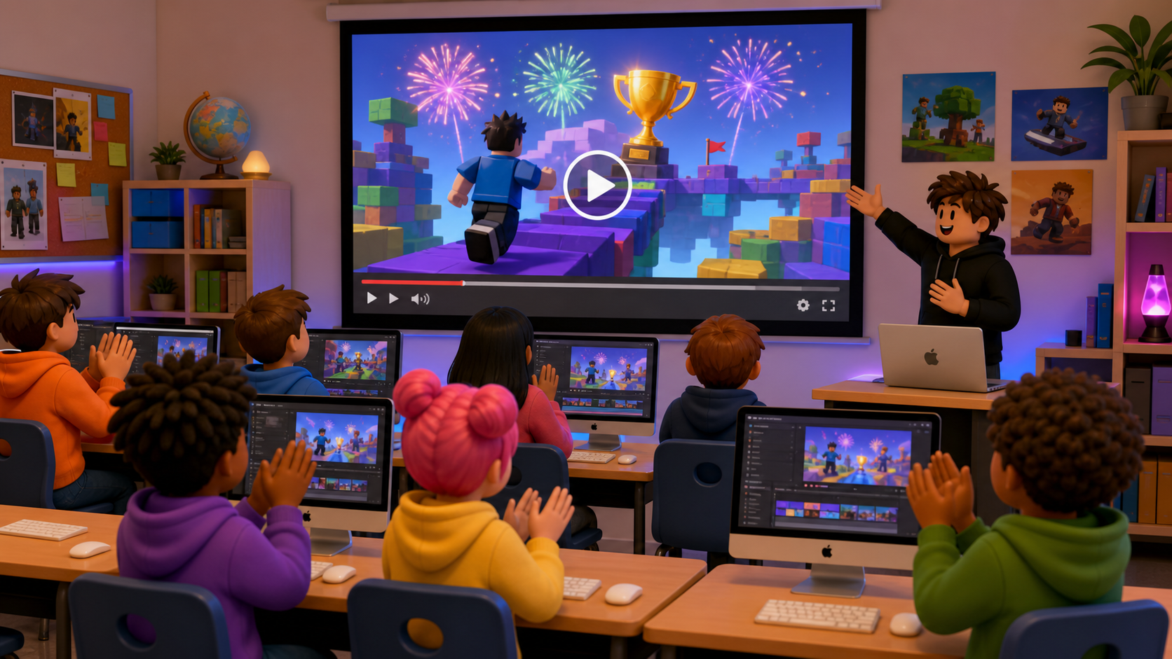 Coding classroom watching a finished blocky obby gameplay video on a projector