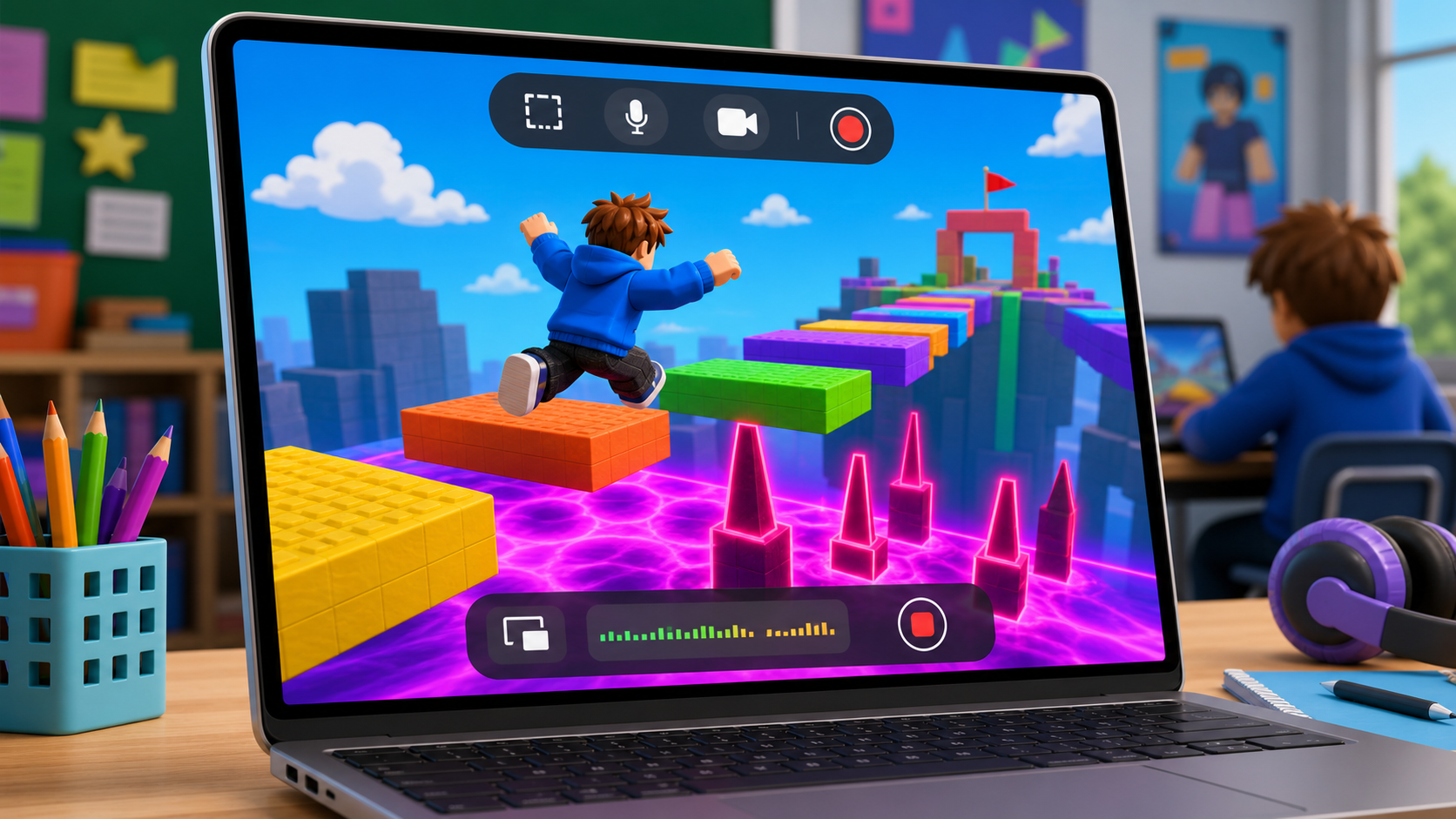 Mac laptop recording colorful blocky obby gameplay with a recording toolbar